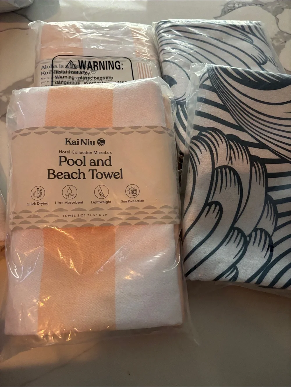 4 Pool and Beach Towel – White & Peach Stripe grey print  2 eaxh color
